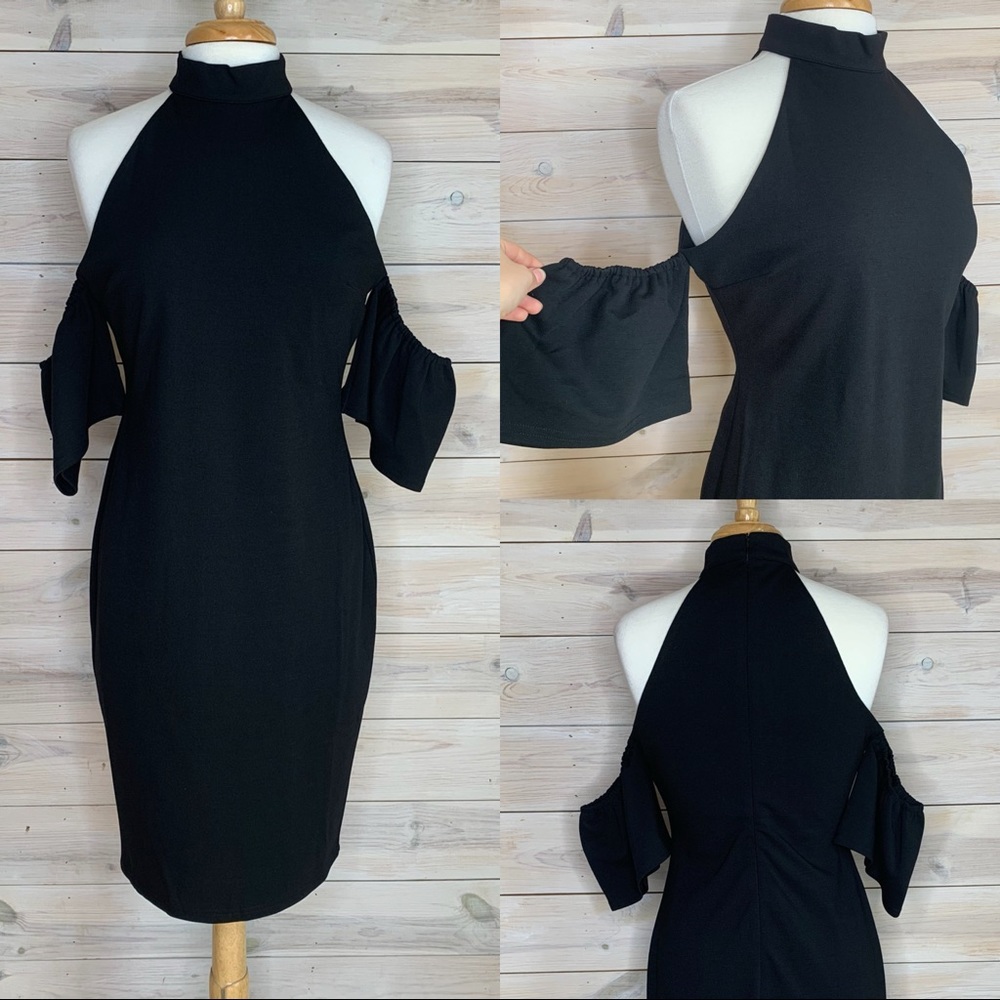 Black Mock Neck Off the Shoulder Mini Dress Bodycon